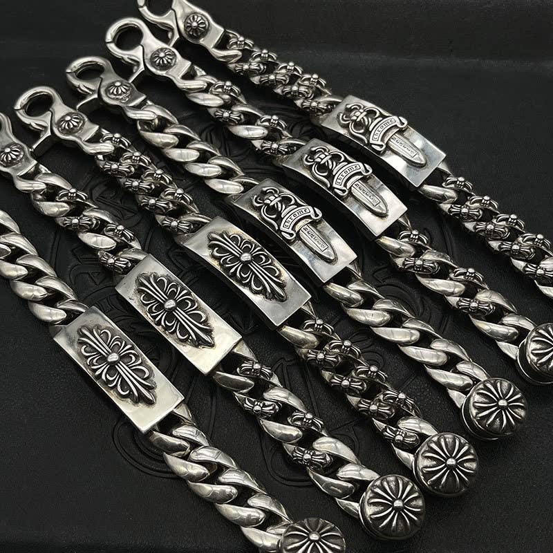 Chrome Hearts Silver Tone Chain Bracelet with Floral and Sword Design